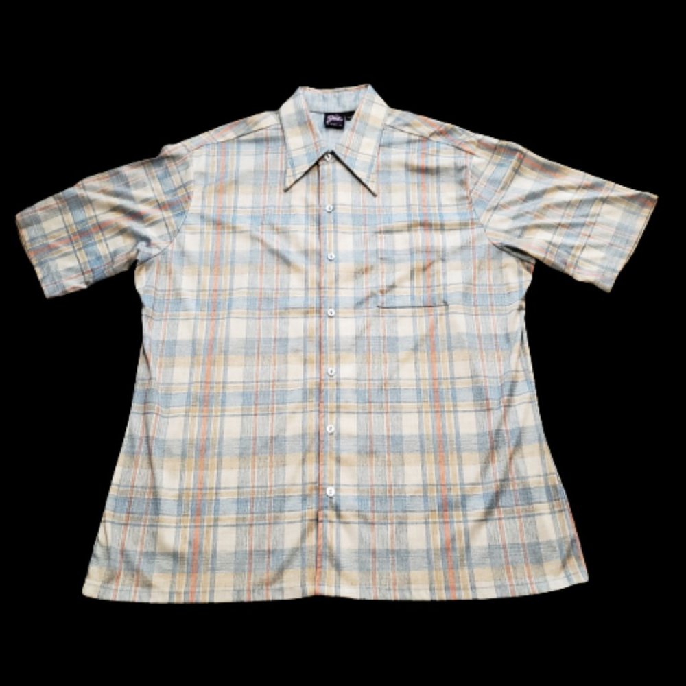 Joel Plaid Disco Button Up S/S Shirt Blue / Tan | Men's XL Vintage 70s 80s Retro